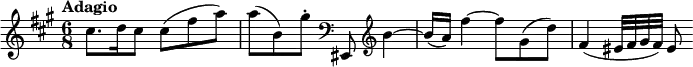 \relative c' {
\key fis \minor
\tempo "Adagio"
\time 6/8
cis'8. d16 cis8 cis8( fis8 a8) |
a8( b,8) gis'8\staccato \clef bass eis,,,8 \clef treble b'''4~ |
b16 (a16) fis'4~ fis8 gis,8 (d'8) |
fis,4( eis32 fis gis fis) eis8
}