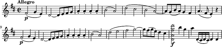 \relative a' {
\key d \major
\time 2/2
\tempo "Allegro"
\tempo 4 = 230
fis2\p (g4 e)
d2~ d8 e fis g
a4\staccato a\staccato a\staccato a\staccato
b2 (a)
d (cis
b a~)
a8 g (b a) g4 fis4
a4. (fis8 e4\staccato) r 4
fis2\p (g4 e)
d2~ d8 e fis g
a4\staccato a\staccato a\staccato a\staccato
b2 (a)
d (e
fis g~)
g8 fis (g e) d4 cis4
<d, a' fis' d'>2\f b''4 g
a d,,16 (cis d cis) d4 d4
}