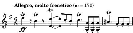 
\layout {
  ragged-last = ##t
}
\relative c''{
   \tempo \markup "Allegro, molto frenetico" 4. = 170
   \set Staff.midiInstrument = #"string ensemble 1"
   \clef treble
   \key g \major
   \numericTimeSignature \time 6/8
   e4\trill\ff r8 b4\trill r8
   <d, d'>4.~\trill <d d'>8 c'8-. b-.
   c4.\trill <g g,>8-. <g g,>-. <g g,>-. ais4.\trill fis8-. fis-. fis-.
}
